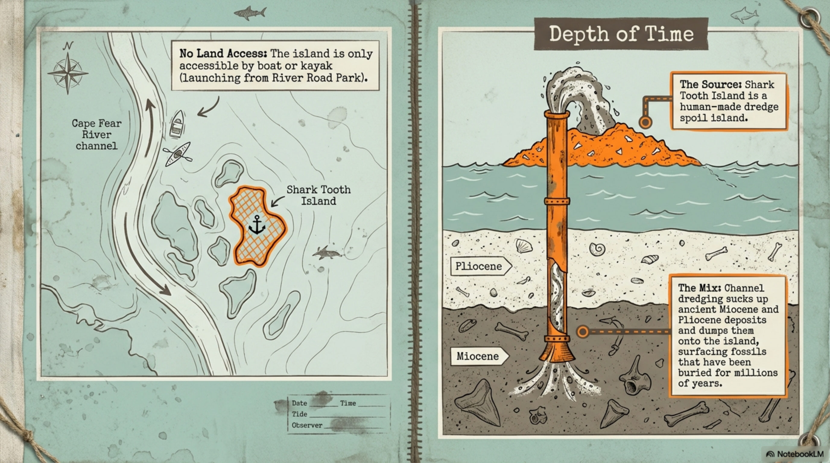 Field guide page showing island access map and launch information