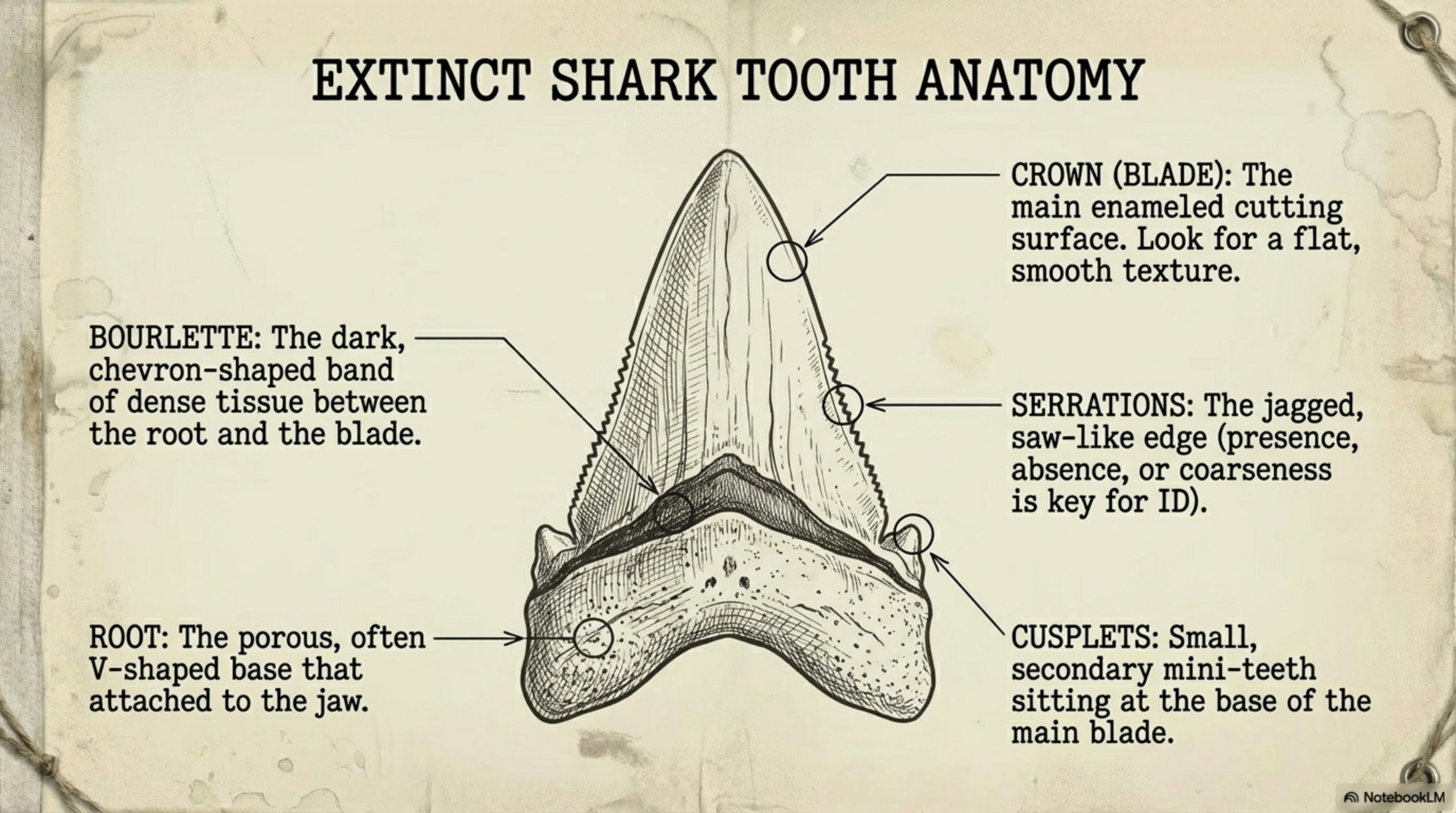 Field guide page illustrating extinct shark tooth anatomy with labeled parts