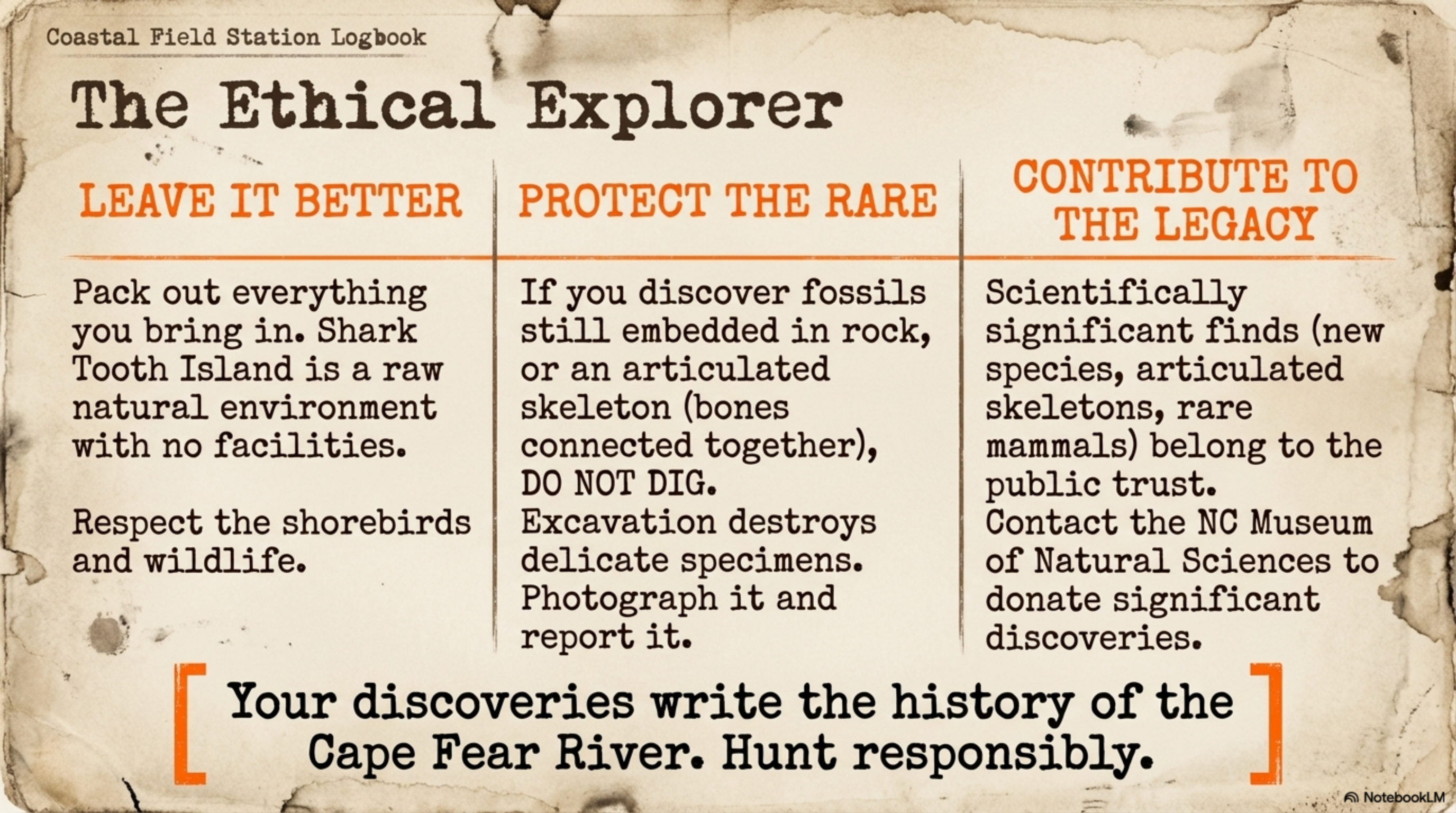 Field guide page on ethical exploring and island stewardship