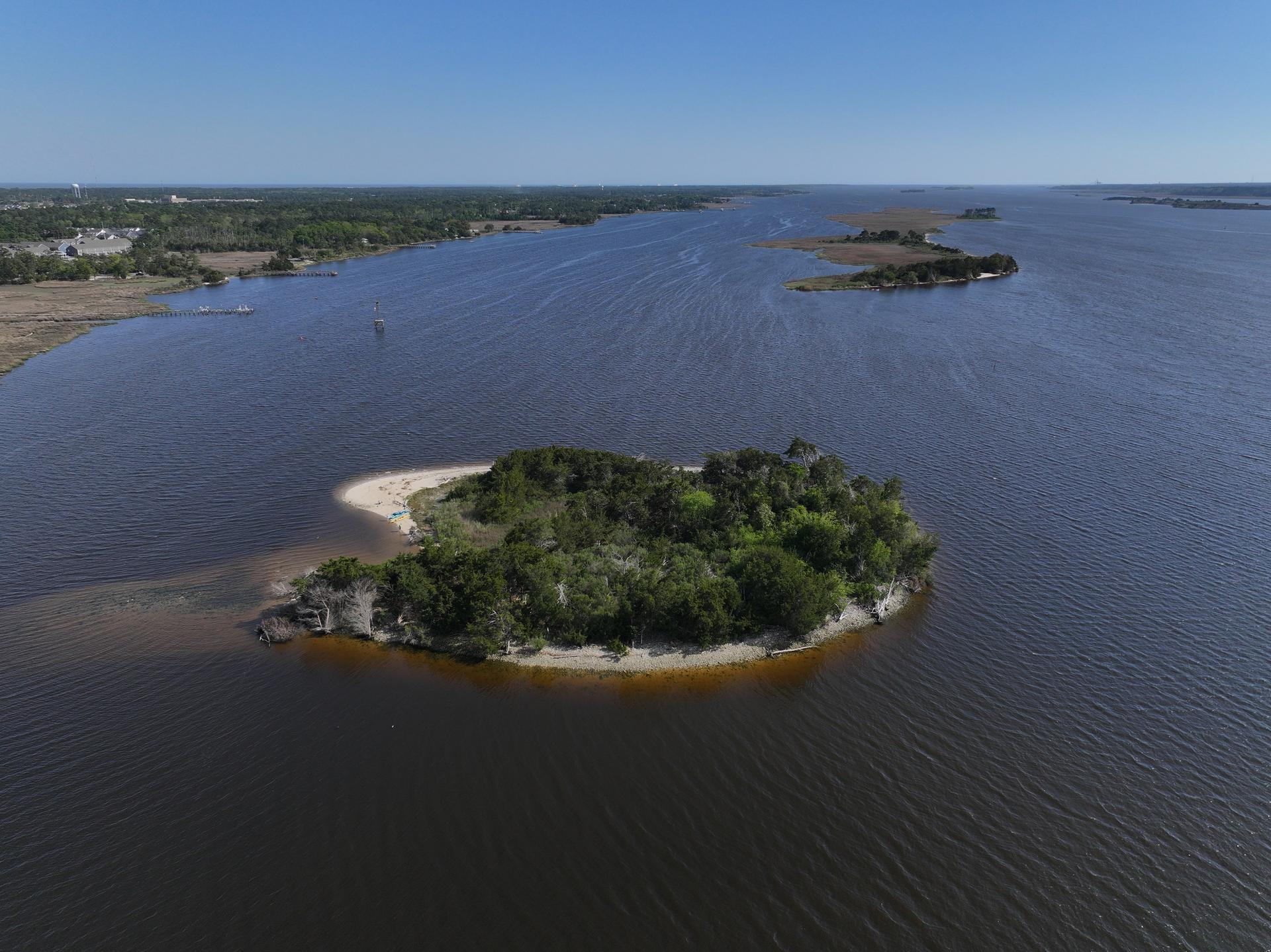 Aerial view of Shark Tooth Island in the Cape Fear River