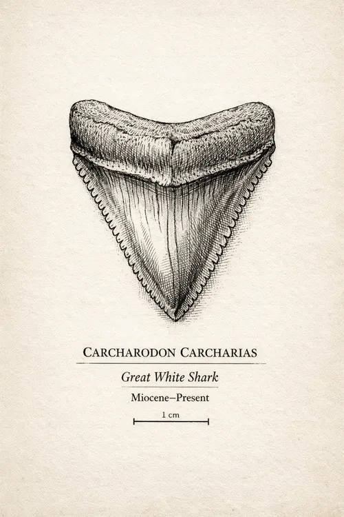 Fossilized great white shark tooth (Carcharodon carcharias) — illustration