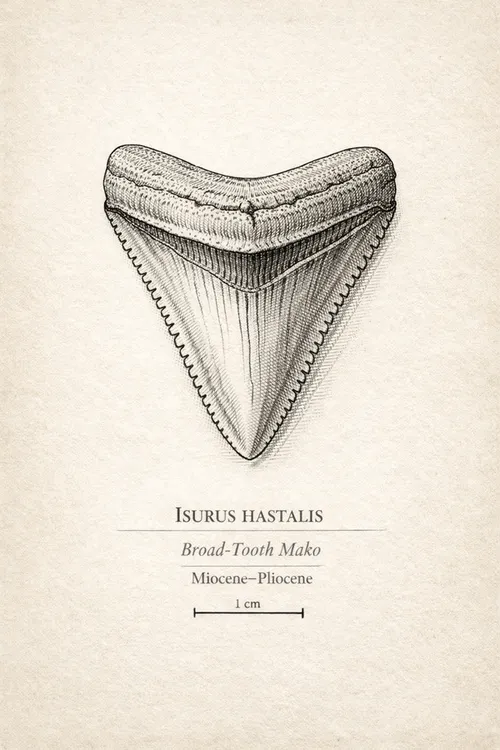Fossilized broad-tooth mako (Cosmopolitodus hastalis) — illustration